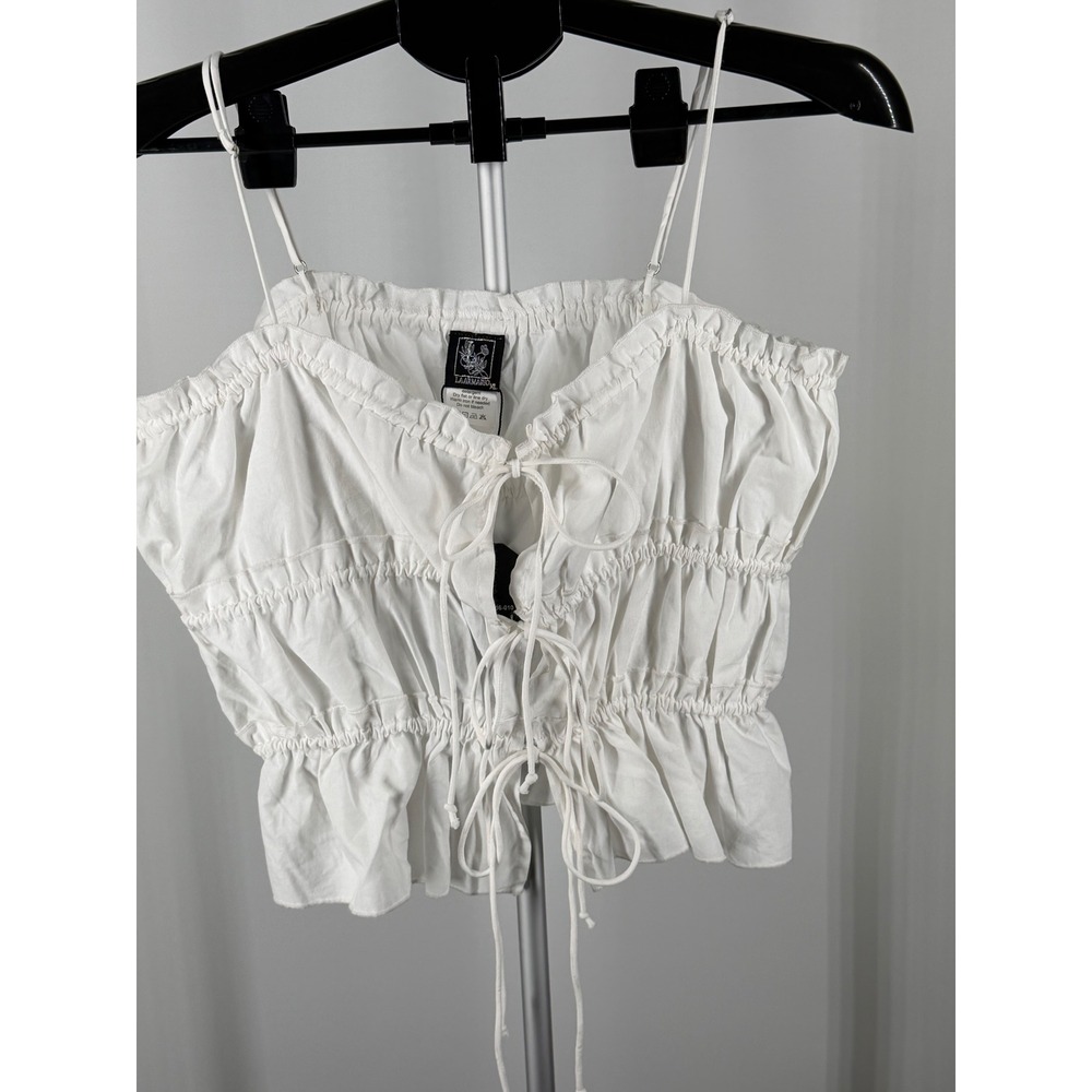 La Armario White Smocked Ruffle Cami Crop Top NWT XL‎ Cottagecore Boho Tie Front